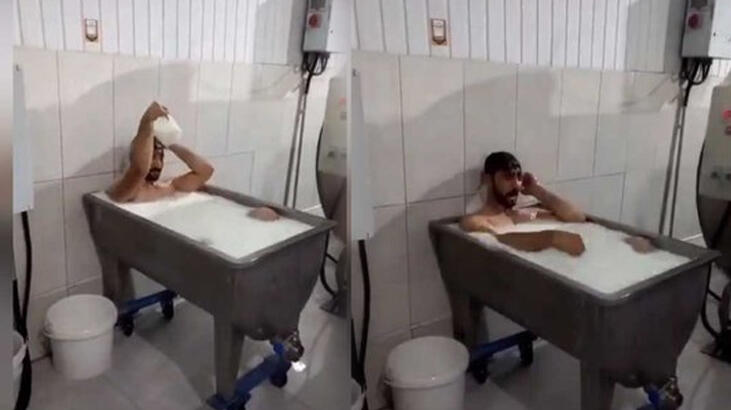 Süt fabrikasındaki kazanda banyo yaptı