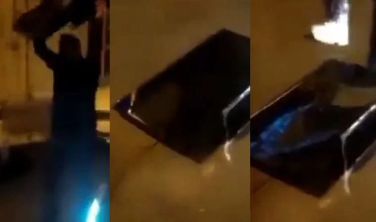 Elektrik dağıtım şirketinin önünde televizyon parçaladı!