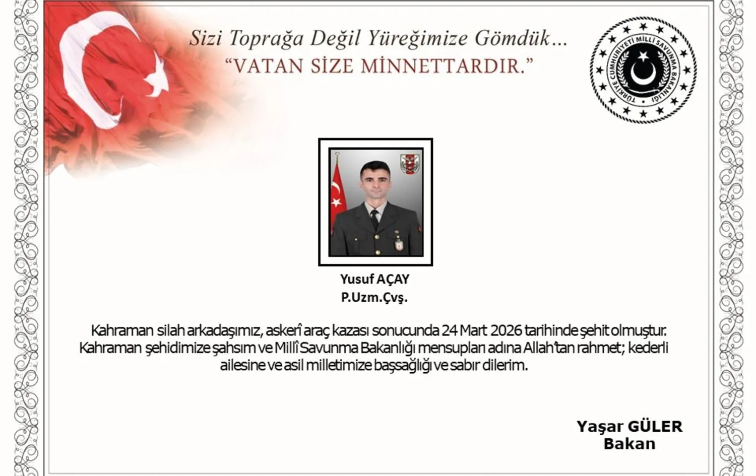 MSB Acı Haberi Duyurdu: Ağrı’da Askeri Araç Kazası, Bir Asker Şehit Oldu